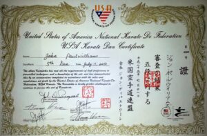 5th Dan certificate from USA NKF (USA National Karate-Do Federation member USOC)