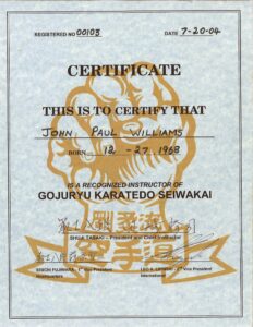 Johnpaul Williams Seiwakai Sensei Menkyo (certificate) 00103 (001 = USA)