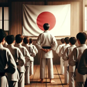 Sensei and students at the dojo with a Japan flag