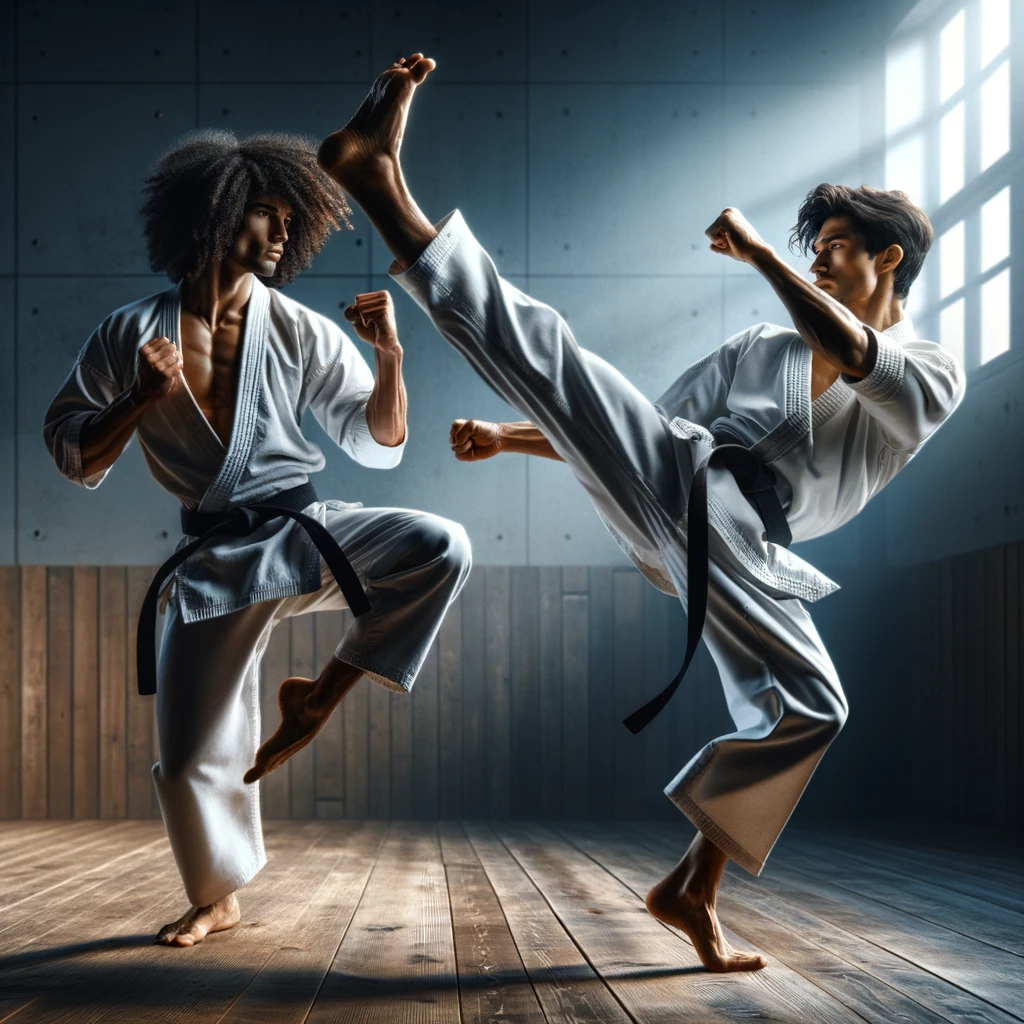 image depicting a karate match between two practitioners,
