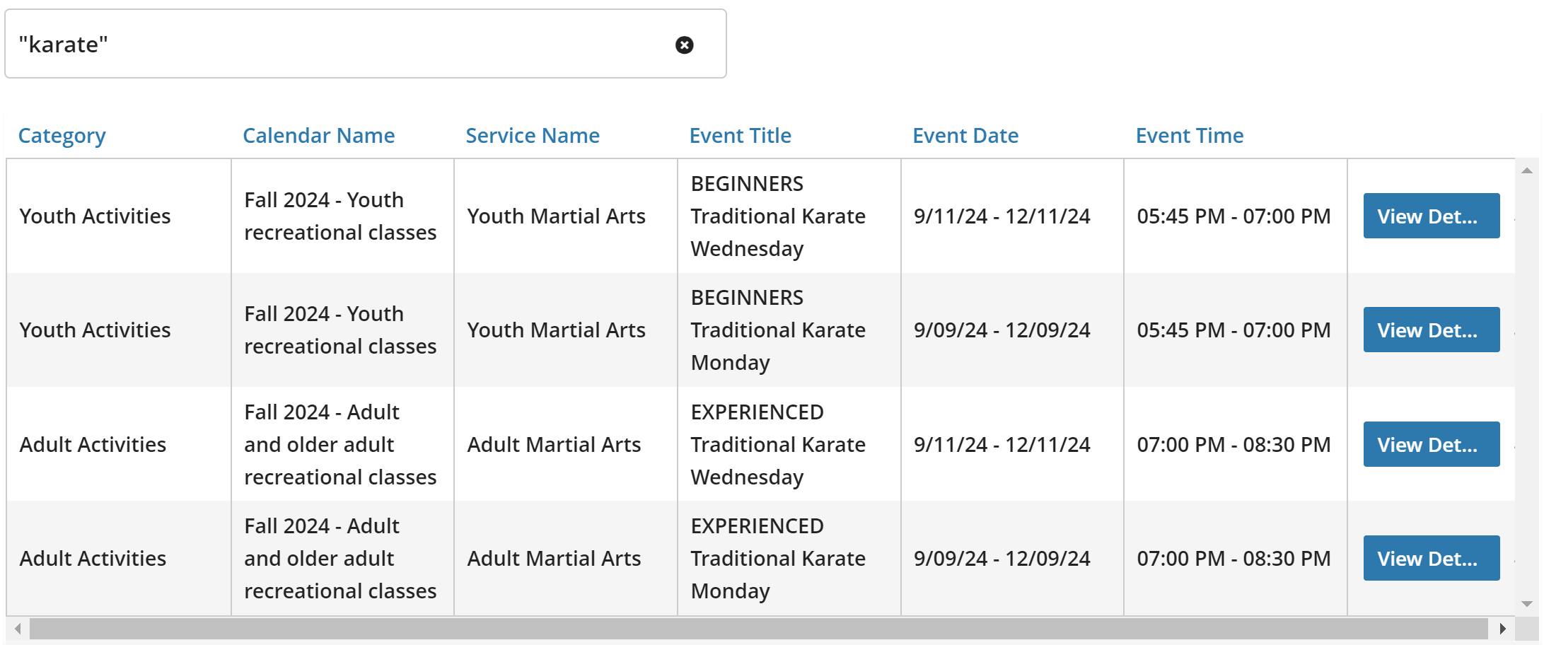 Screenshot from Menlo Park Recrecation when you search for Karate
